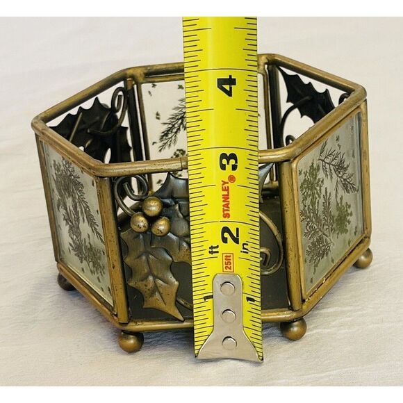 CANDLE HOLDER Hexagon w/Alternate Panels Of  Metal Holly  Scrolls & Glass Ferns - Picture 9 of 9